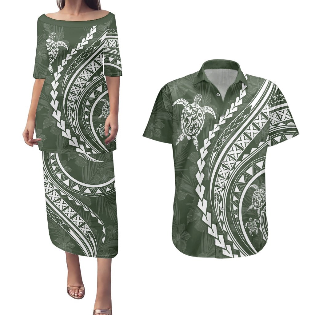Polynesian Pride Couples Matching Puletasi Dress and Hawaiian Shirt Turtle Hibiscus Luxury Style - Sage LT7 Sage - Polynesian Pride