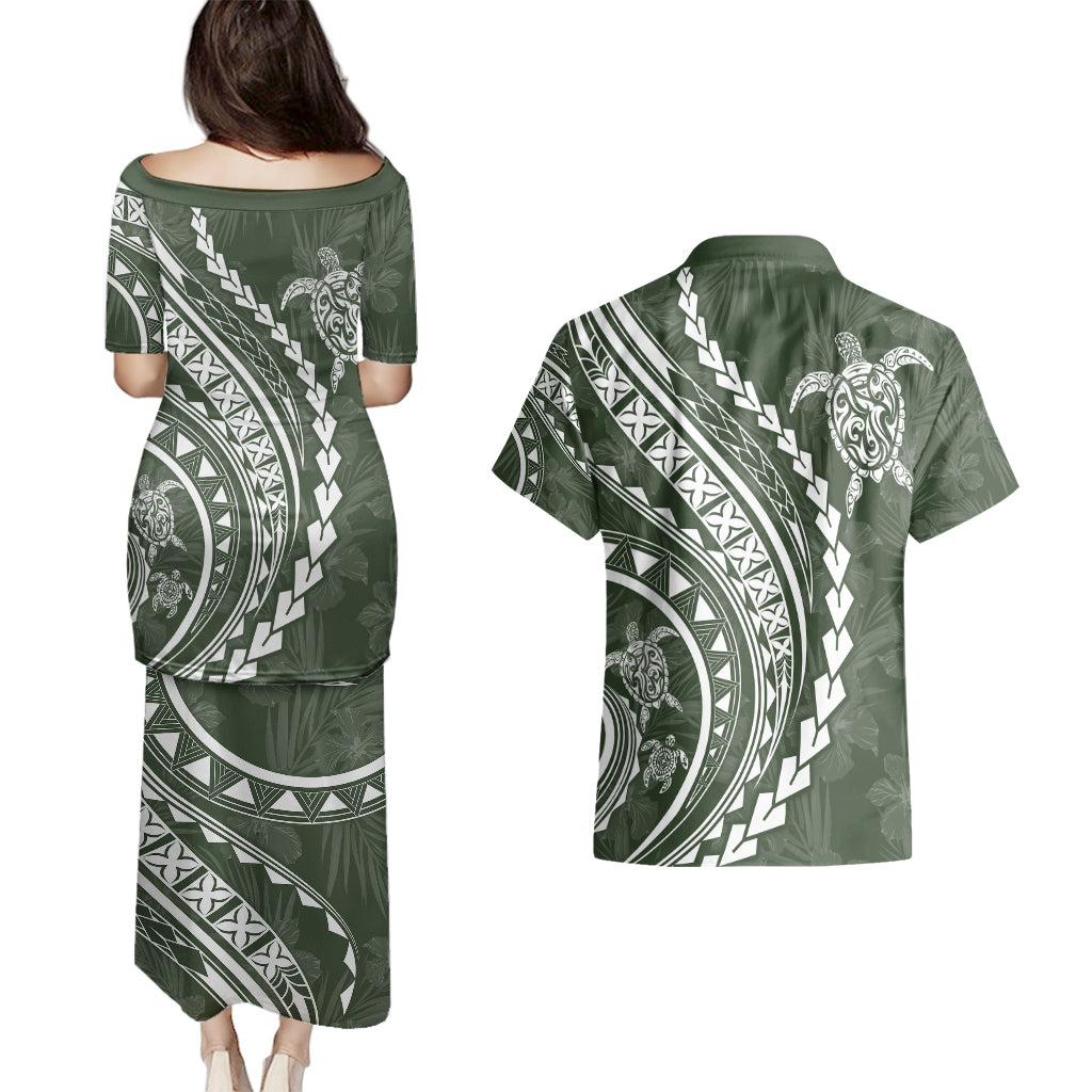 Polynesian Pride Couples Matching Puletasi Dress and Hawaiian Shirt Turtle Hibiscus Luxury Style - Sage LT7 - Polynesian Pride
