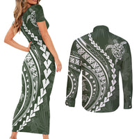 Polynesian Pride Couples Matching Short Sleeve Bodycon Dress and Long Sleeve Button Shirts Turtle Hibiscus Luxury Style - Sage LT7 - Polynesian Pride