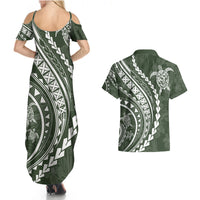 Polynesian Pride Couples Matching Summer Maxi Dress and Hawaiian Shirt Turtle Hibiscus Luxury Style - Sage LT7 - Polynesian Pride