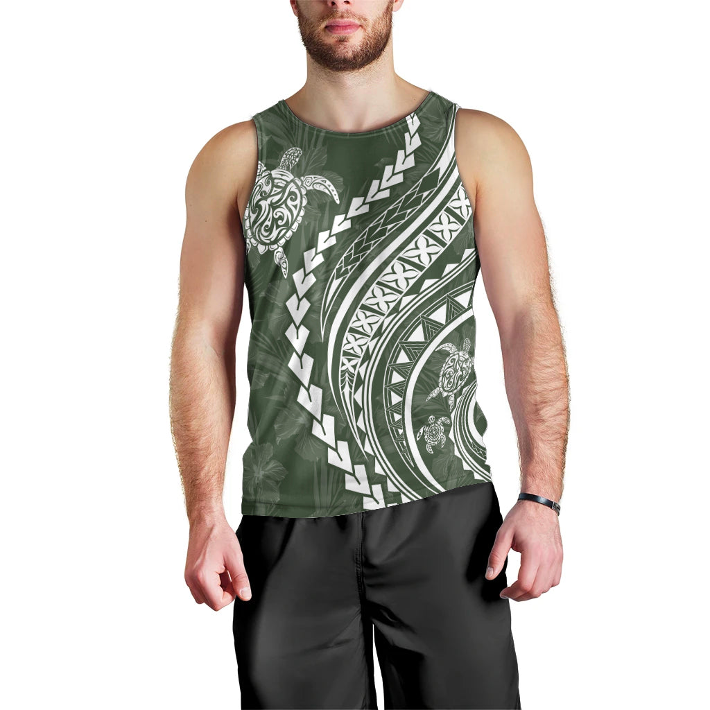Polynesian Pride Men Tank Top Turtle Hibiscus Luxury Style - Sage LT7 - Polynesian Pride