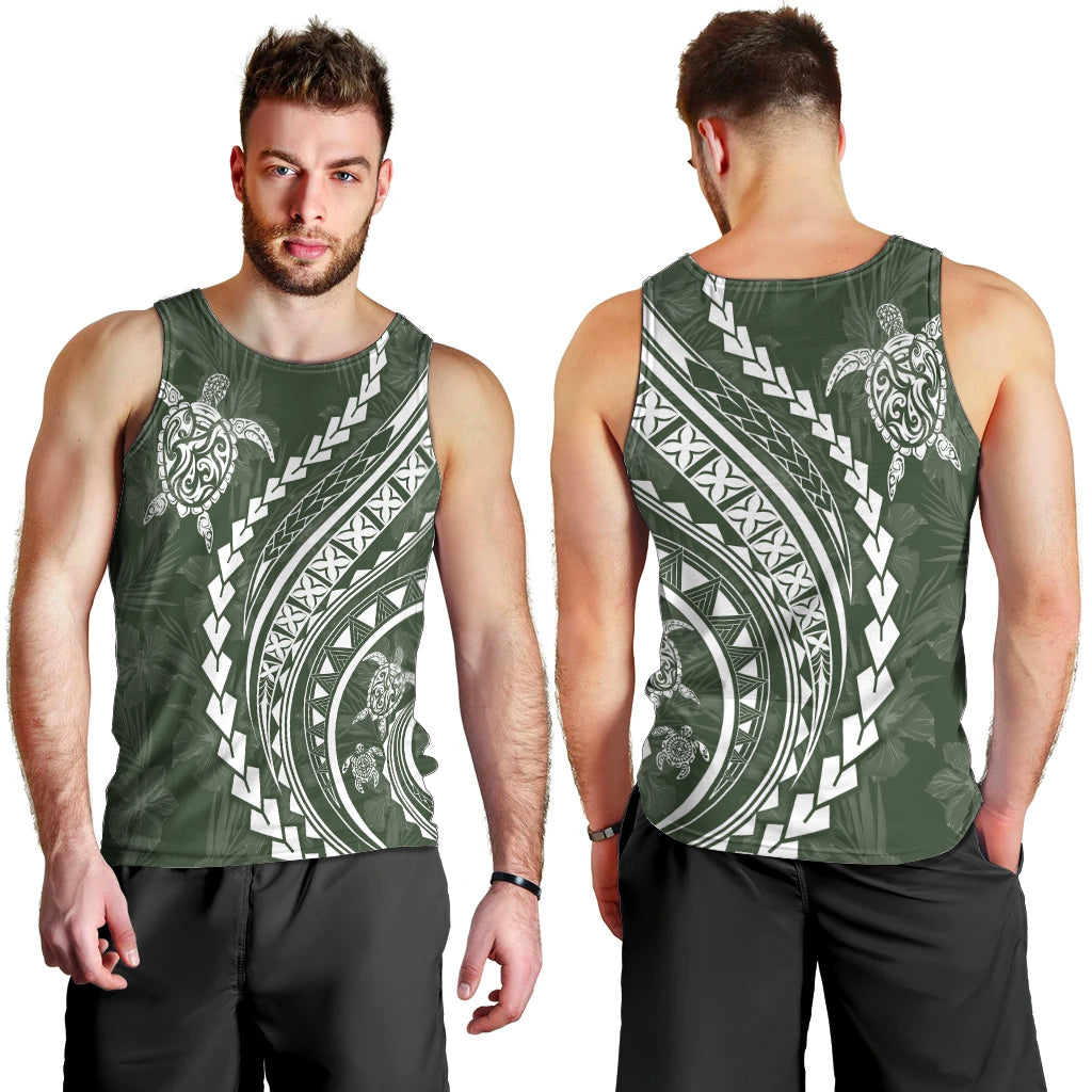 Polynesian Pride Men Tank Top Turtle Hibiscus Luxury Style - Sage LT7 - Polynesian Pride