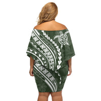 Polynesian Pride Off Shoulder Short Dress Turtle Hibiscus Luxury Style - Sage LT7 - Polynesian Pride