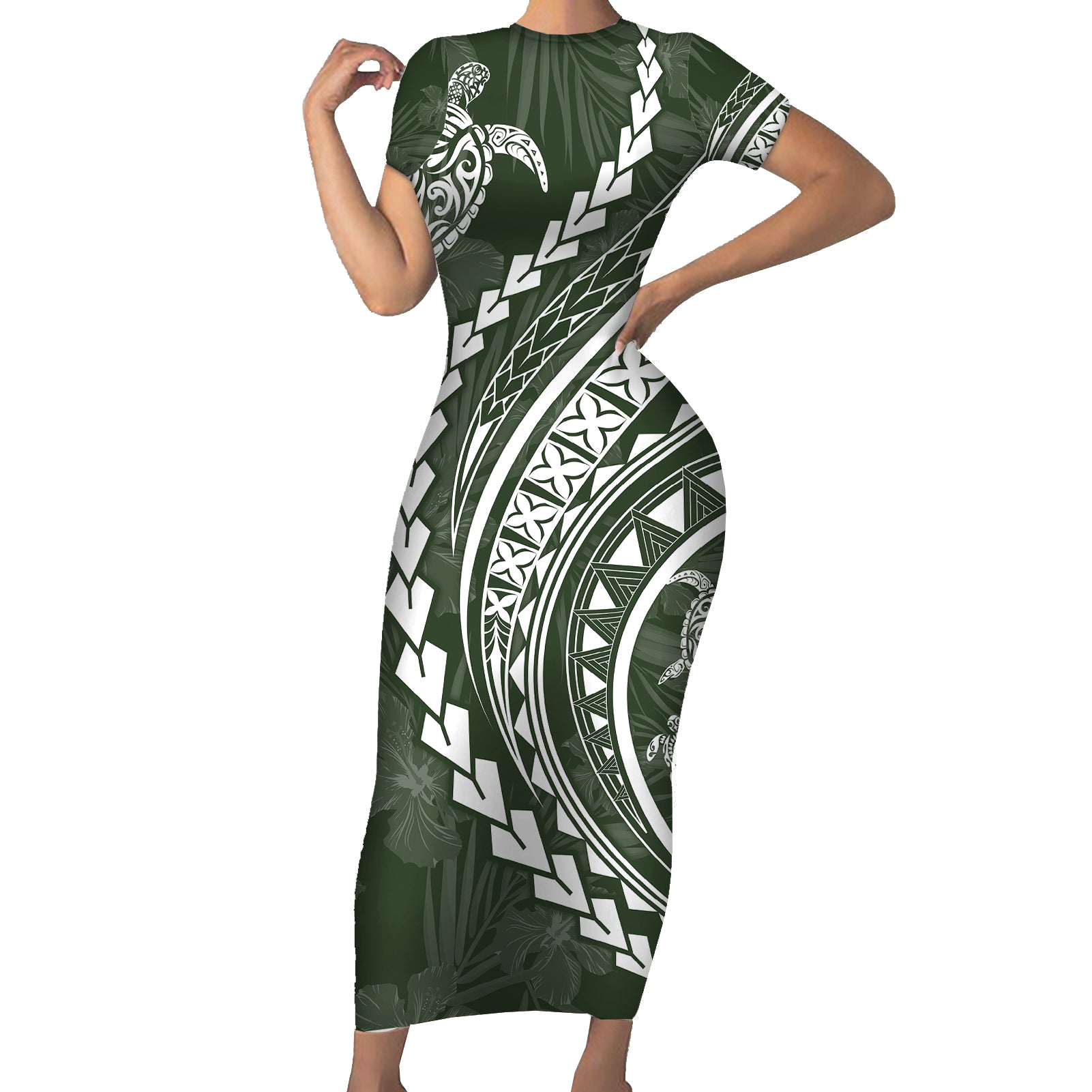 Polynesian Pride Short Sleeve Bodycon Dress Turtle Hibiscus Luxury Style - Sage LT7 Long Dress Sage - Polynesian Pride