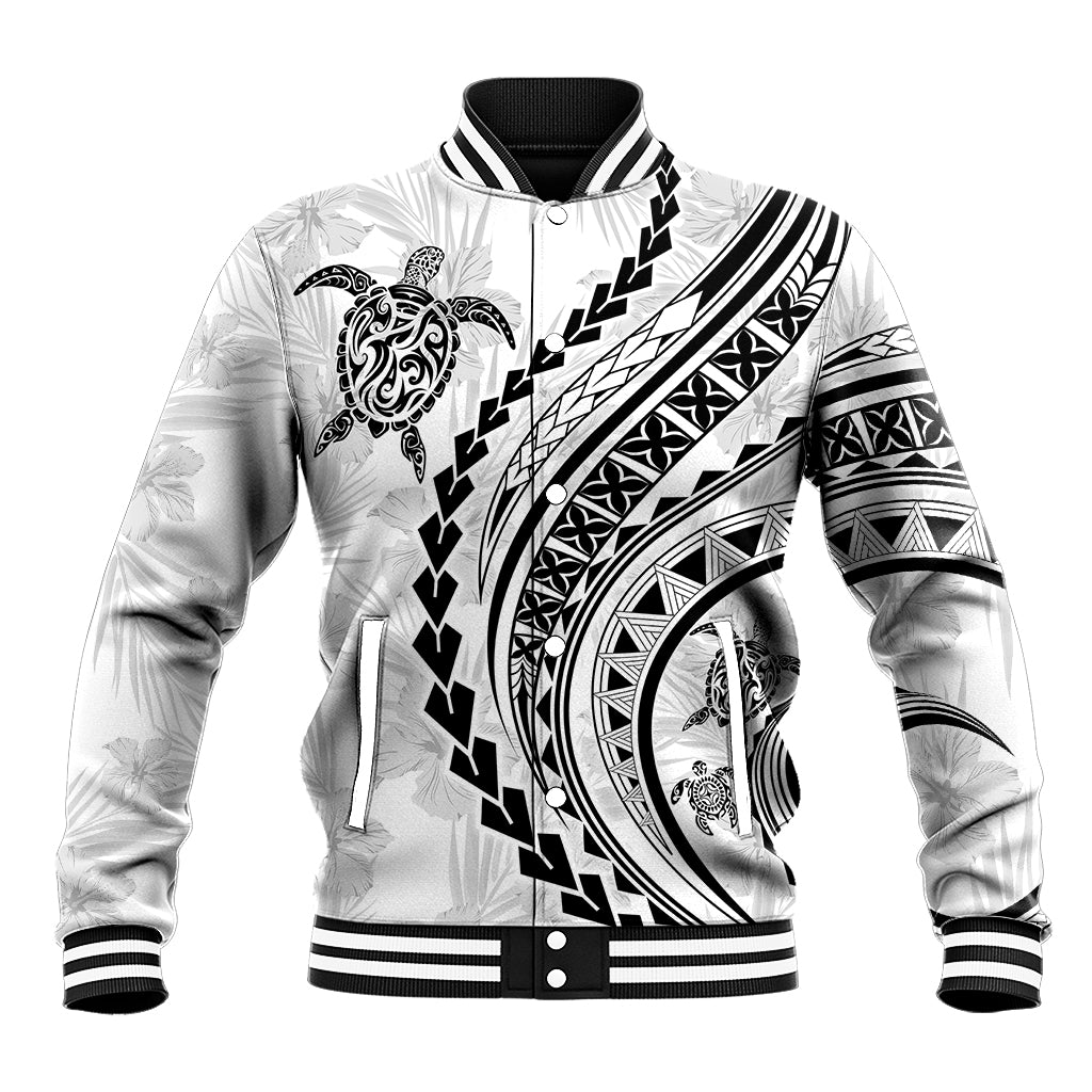 Polynesian Pride Baseball Jacket Turtle Hibiscus Luxury Style - White LT7 Unisex White - Polynesian Pride