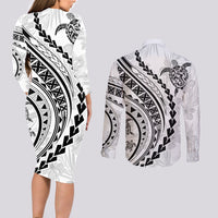 Polynesian Pride Couples Matching Long Sleeve Bodycon Dress and Long Sleeve Button Shirts Turtle Hibiscus Luxury Style - White LT7 - Polynesian Pride