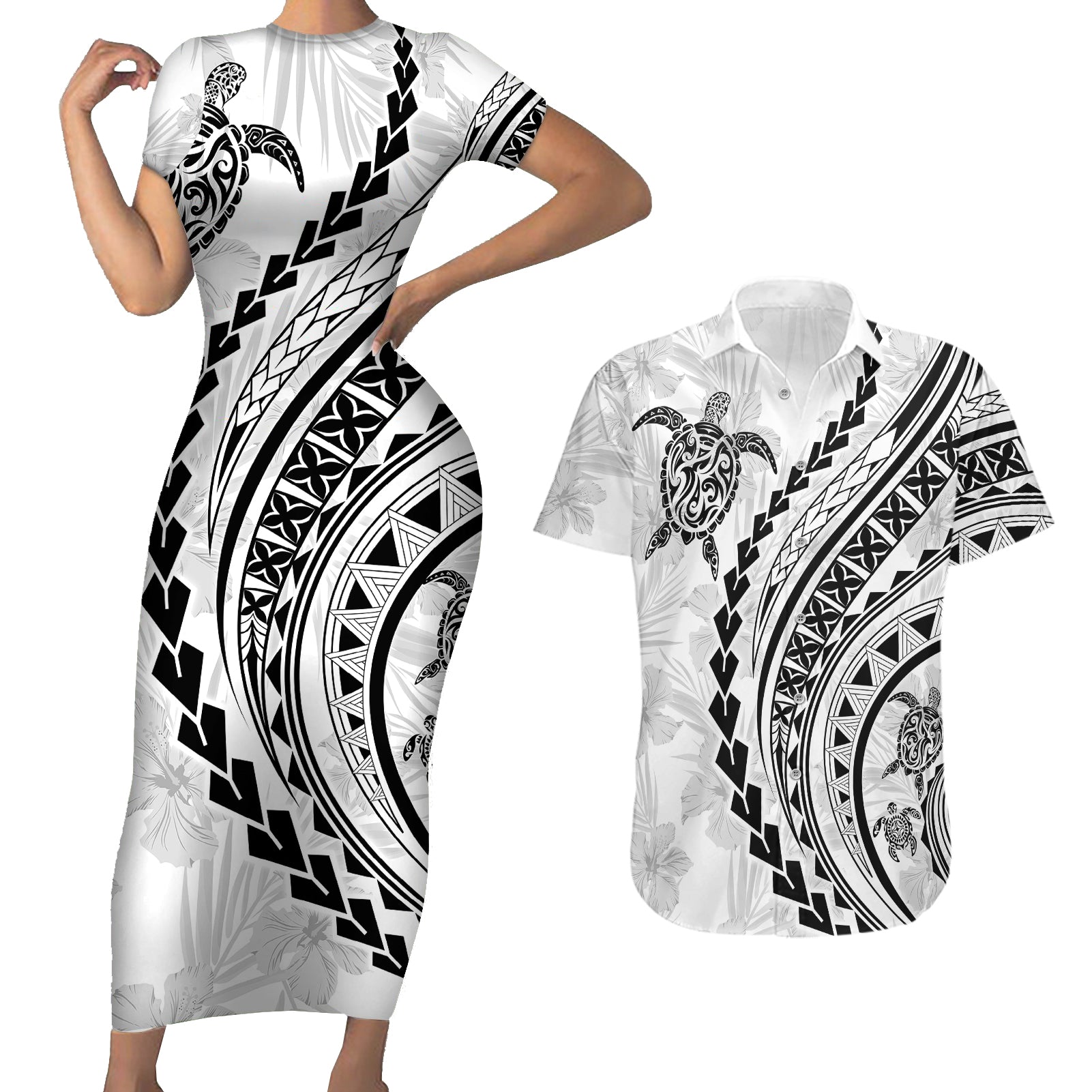 Polynesian Pride Couples Matching Short Sleeve Bodycon Dress and Hawaiian Shirt Turtle Hibiscus Luxury Style - White LT7 White - Polynesian Pride