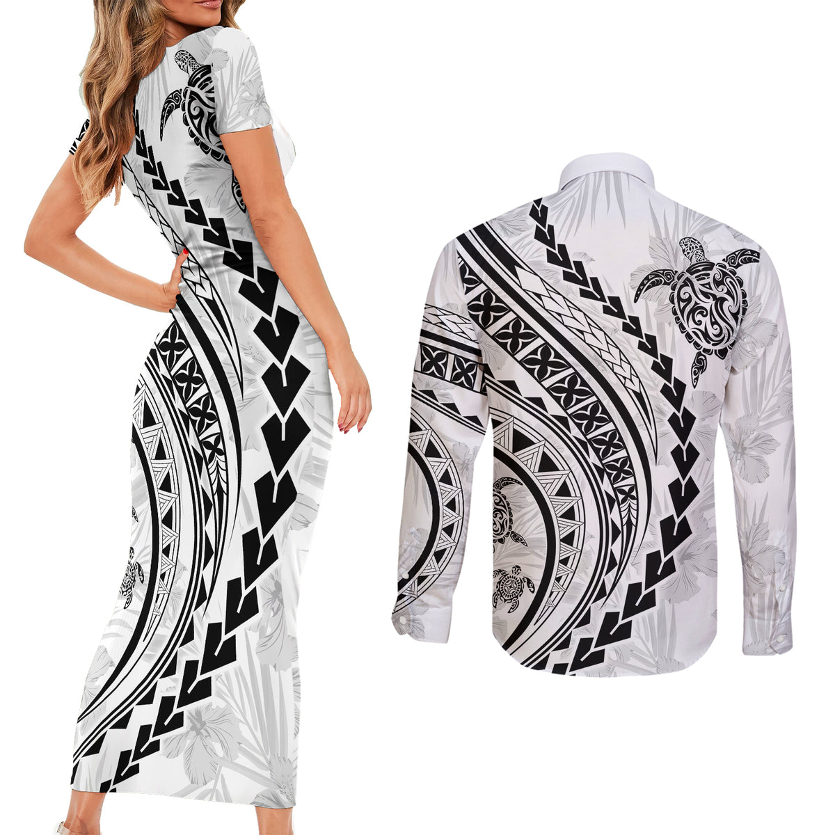 Polynesian Pride Couples Matching Short Sleeve Bodycon Dress and Long Sleeve Button Shirts Turtle Hibiscus Luxury Style - White LT7 - Polynesian Pride