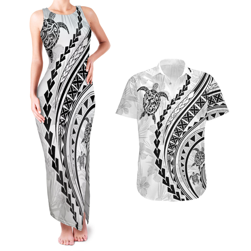 Polynesian Pride Couples Matching Tank Maxi Dress and Hawaiian Shirt Turtle Hibiscus Luxury Style - White LT7 White - Polynesian Pride