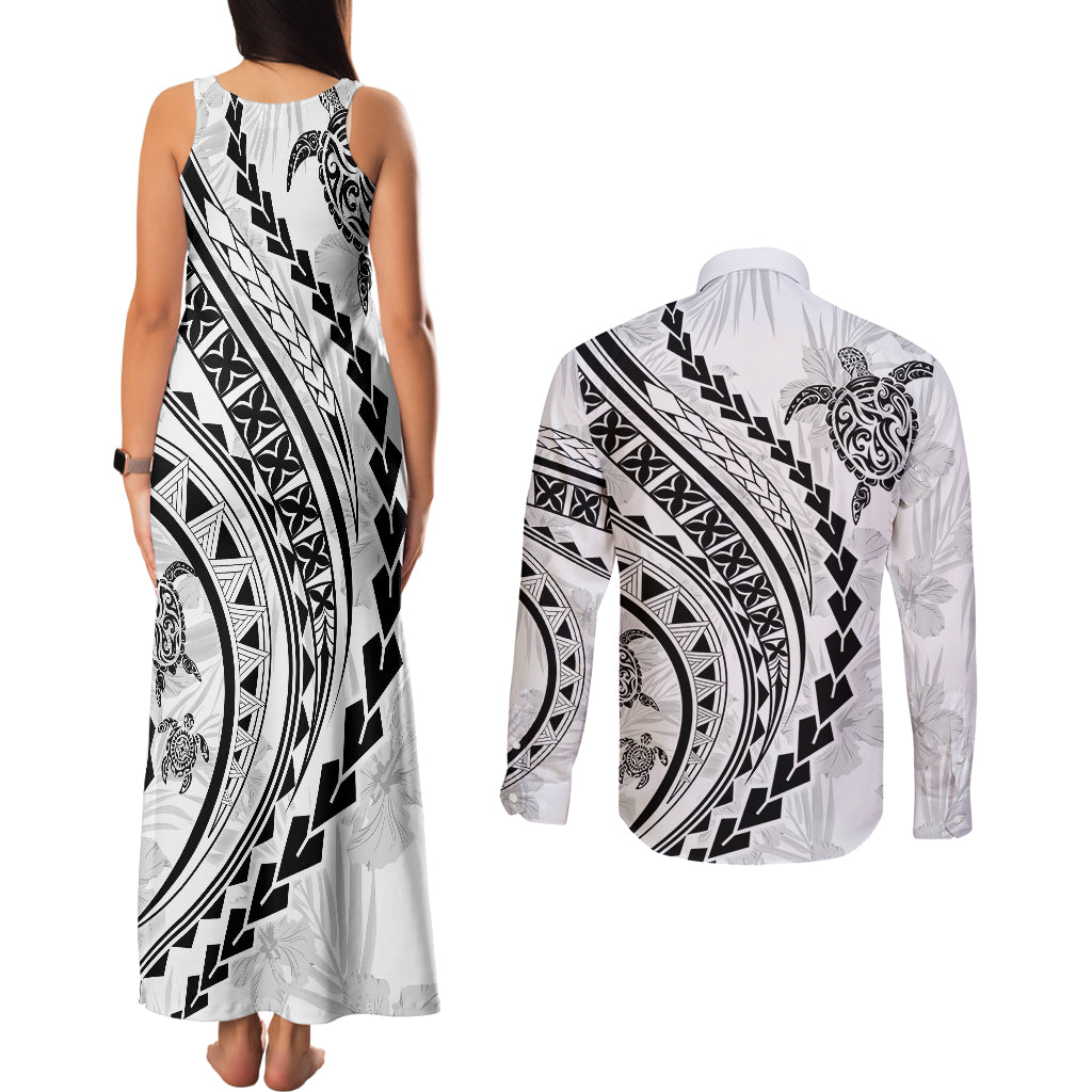 Polynesian Pride Couples Matching Tank Maxi Dress and Long Sleeve Button Shirts Turtle Hibiscus Luxury Style - White LT7 - Polynesian Pride