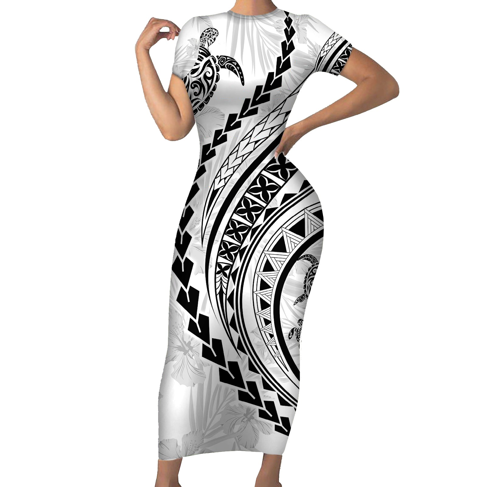 Polynesian Pride Short Sleeve Bodycon Dress Turtle Hibiscus Luxury Style - White LT7 Long Dress White - Polynesian Pride