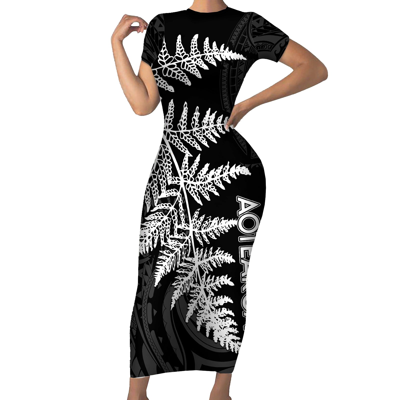 Personalised New Zealand Rugby Short Sleeve Bodycon Dress World Cup 2023 Silver Fern Champions LT7 Long Dress Black - Polynesian Pride