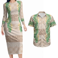 Hawai'i Paniolo Maile Twisted Lei Couples Matching Long Sleeve Bodycon Dress and Hawaiian Shirt Almond Brown