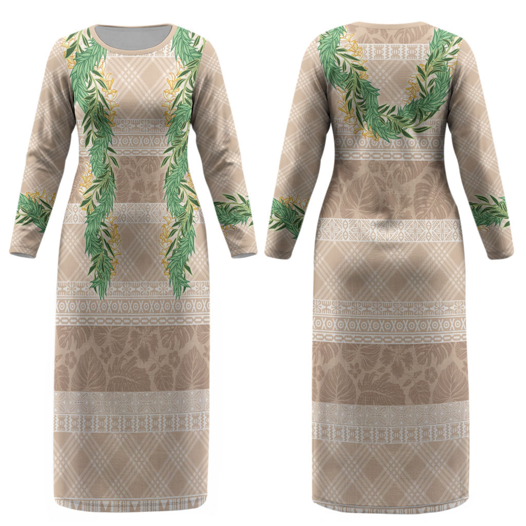 Hawai'i Paniolo Maile Twisted Lei Couples Matching Long Sleeve Bodycon Dress and Hawaiian Shirt Almond Brown