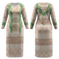 Hawai'i Paniolo Maile Twisted Lei Couples Matching Long Sleeve Bodycon Dress and Hawaiian Shirt Almond Brown