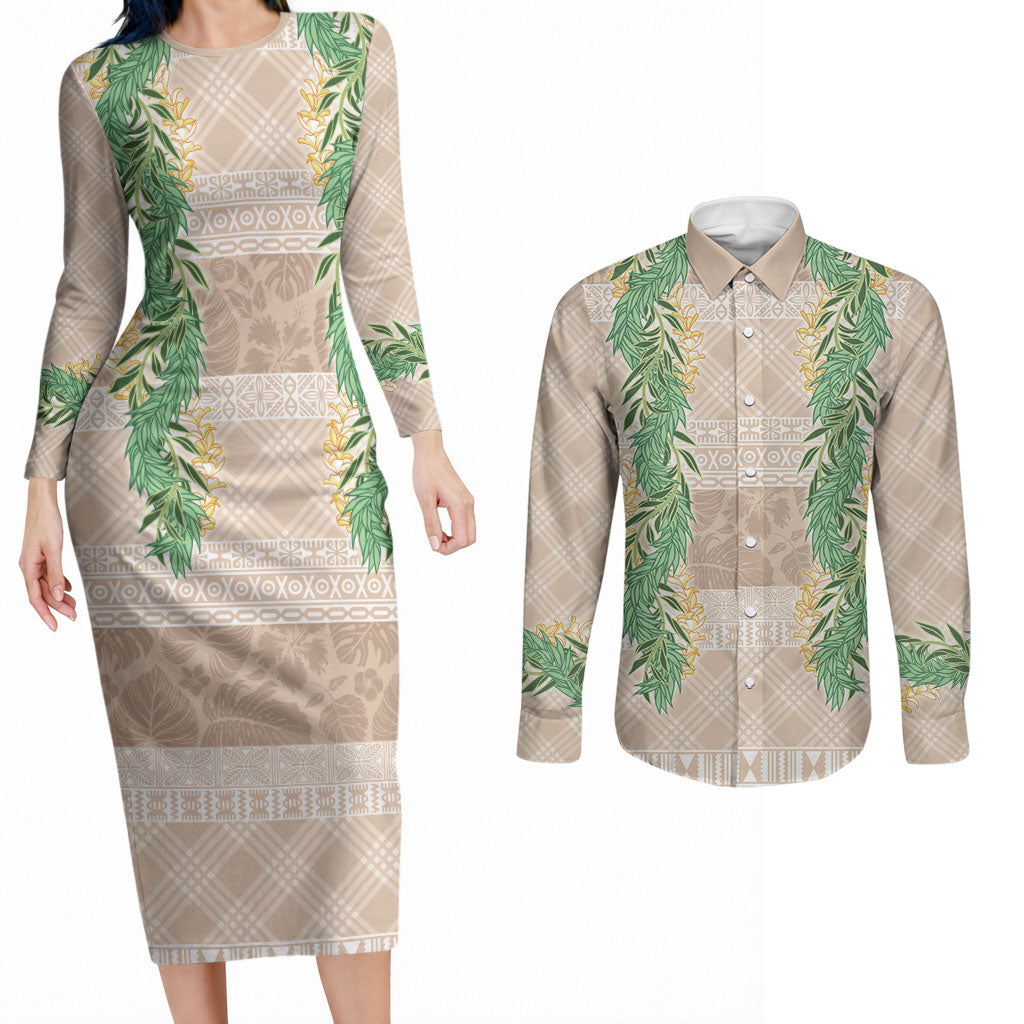 Hawai'i Paniolo Maile Twisted Lei Couples Matching Long Sleeve Bodycon Dress and Long Sleeve Button Shirt Almond Brown