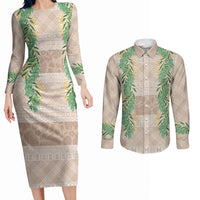 Hawai'i Paniolo Maile Twisted Lei Couples Matching Long Sleeve Bodycon Dress and Long Sleeve Button Shirt Almond Brown