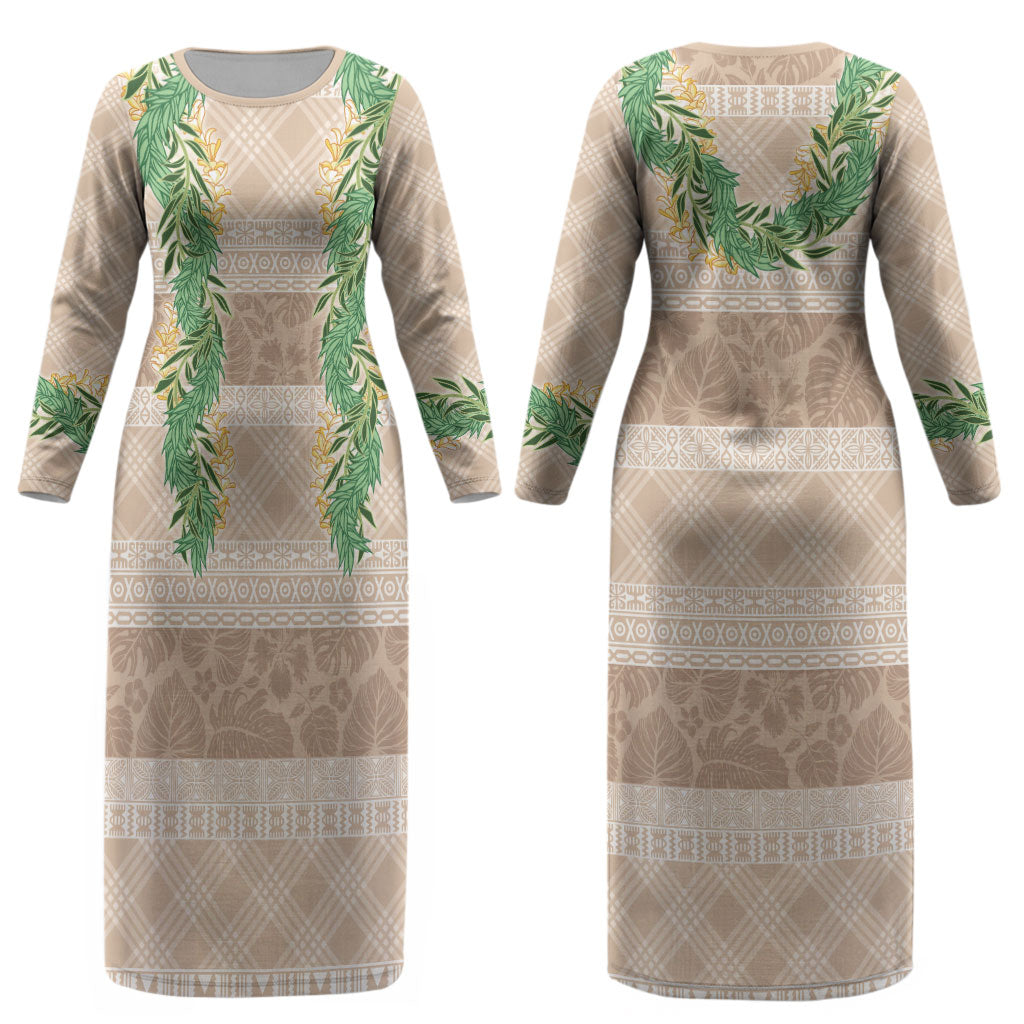Hawai'i Paniolo Maile Twisted Lei Couples Matching Long Sleeve Bodycon Dress and Long Sleeve Button Shirt Almond Brown
