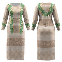 Hawai'i Paniolo Maile Twisted Lei Couples Matching Long Sleeve Bodycon Dress and Long Sleeve Button Shirt Almond Brown