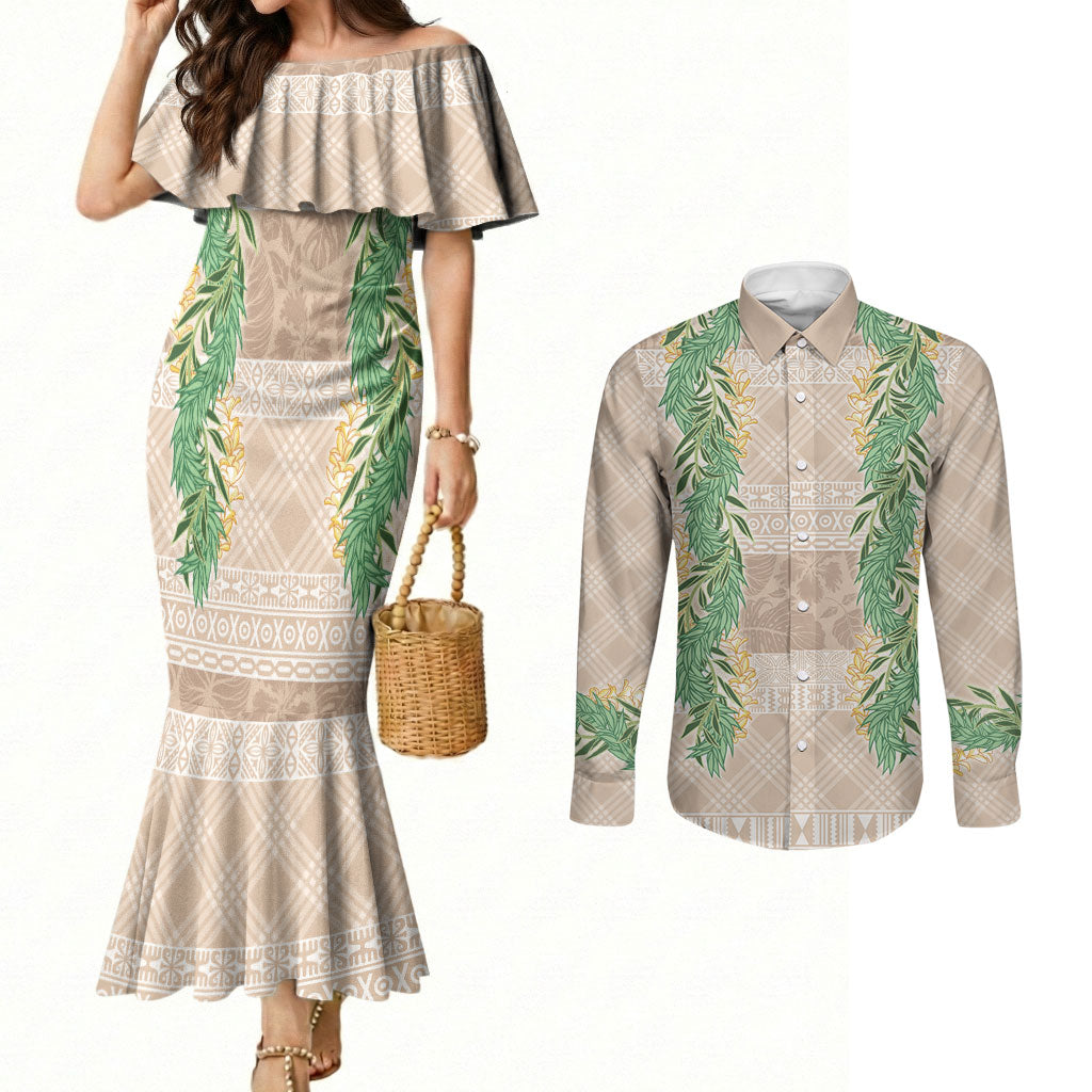 Hawai'i Paniolo Maile Twisted Lei Couples Matching Mermaid Dress and Long Sleeve Button Shirt Almond Brown LT7 Brown - Polynesian Pride