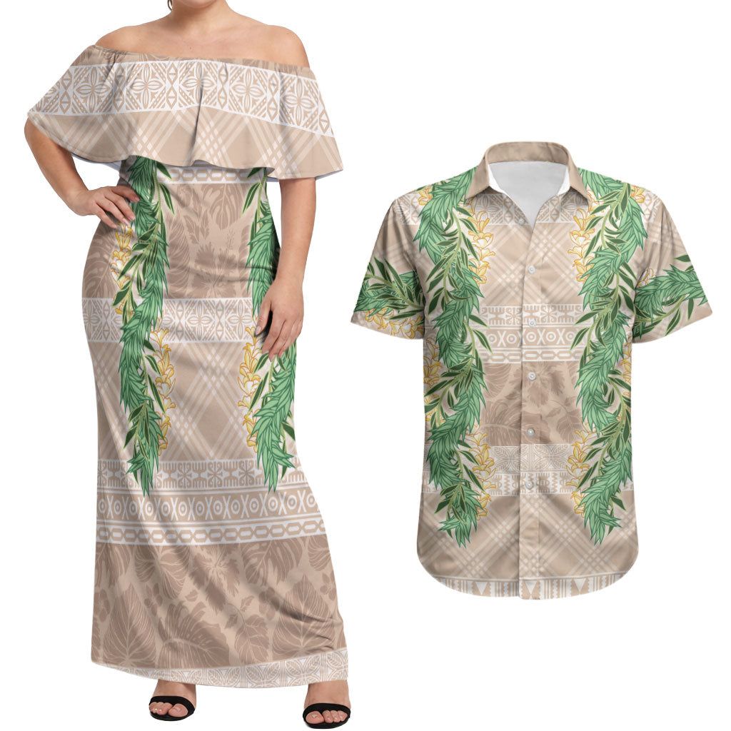 Hawai'i Paniolo Maile Twisted Lei Couples Matching Off Shoulder Maxi Dress and Hawaiian Shirt Almond Brown
