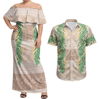 Hawai'i Paniolo Maile Twisted Lei Couples Matching Off Shoulder Maxi Dress and Hawaiian Shirt Almond Brown