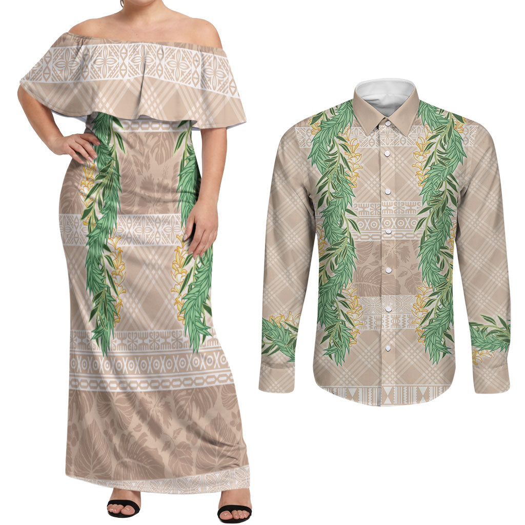Hawai'i Paniolo Maile Twisted Lei Couples Matching Off Shoulder Maxi Dress and Long Sleeve Button Shirt Almond Brown
