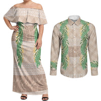 Hawai'i Paniolo Maile Twisted Lei Couples Matching Off Shoulder Maxi Dress and Long Sleeve Button Shirt Almond Brown