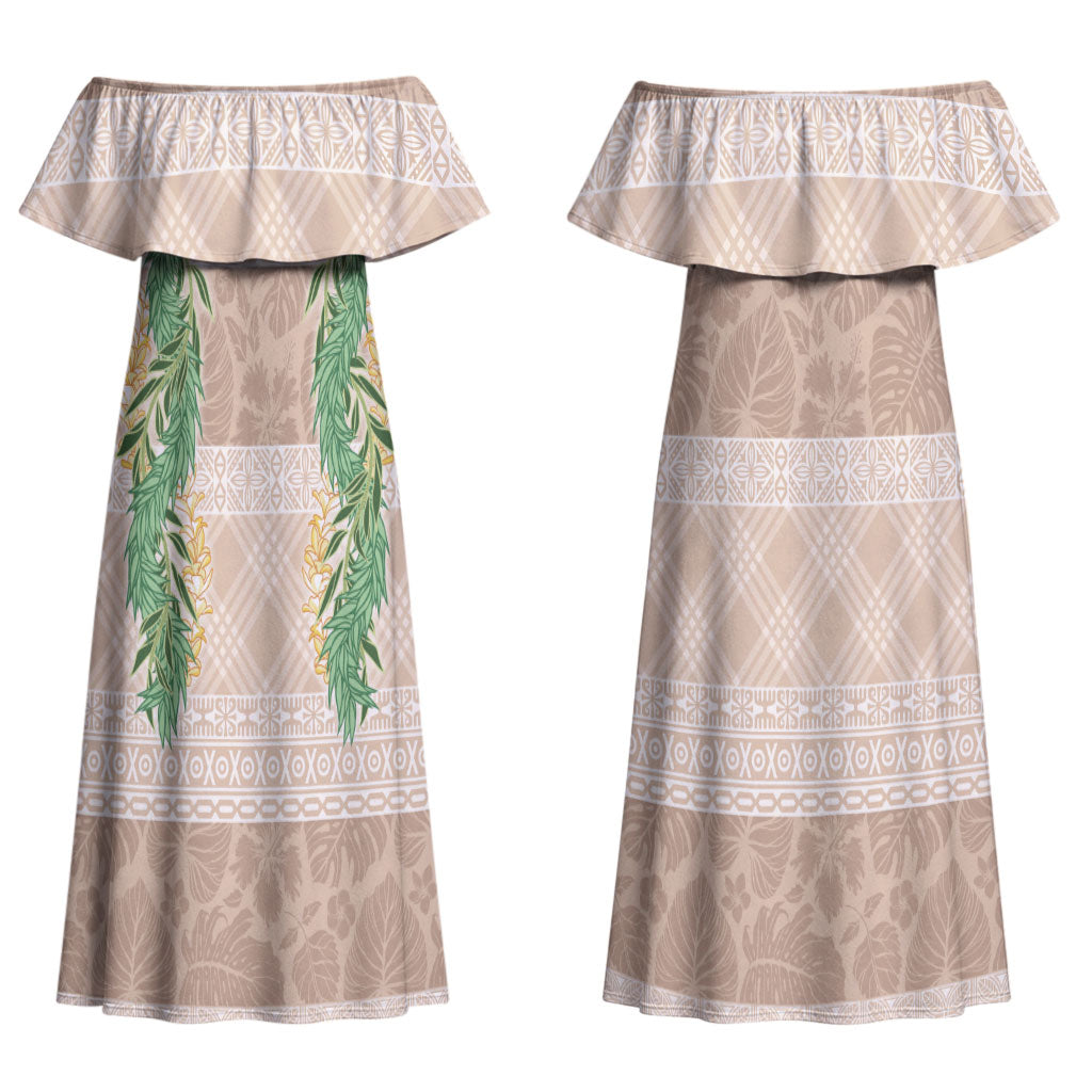 Hawai'i Paniolo Maile Twisted Lei Couples Matching Off Shoulder Maxi Dress and Long Sleeve Button Shirt Almond Brown
