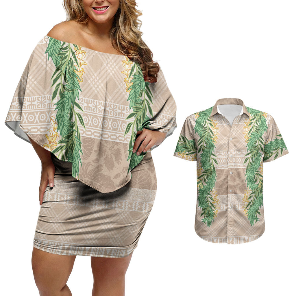 Hawai'i Paniolo Maile Twisted Lei Couples Matching Off Shoulder Short Dress and Hawaiian Shirt Almond Brown