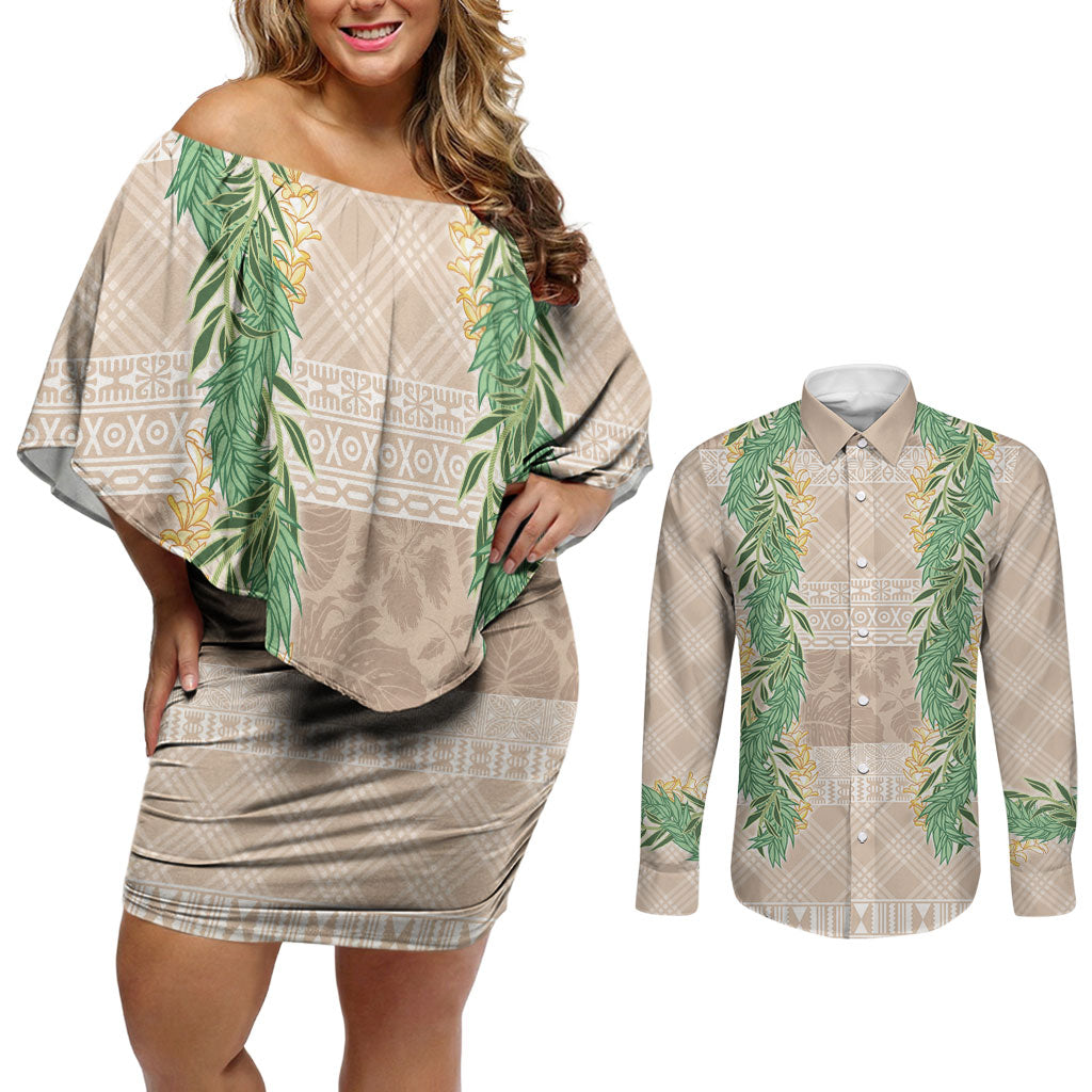 Hawai'i Paniolo Maile Twisted Lei Couples Matching Off Shoulder Short Dress and Long Sleeve Button Shirt Almond Brown