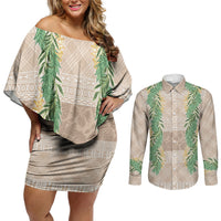 Hawai'i Paniolo Maile Twisted Lei Couples Matching Off Shoulder Short Dress and Long Sleeve Button Shirt Almond Brown