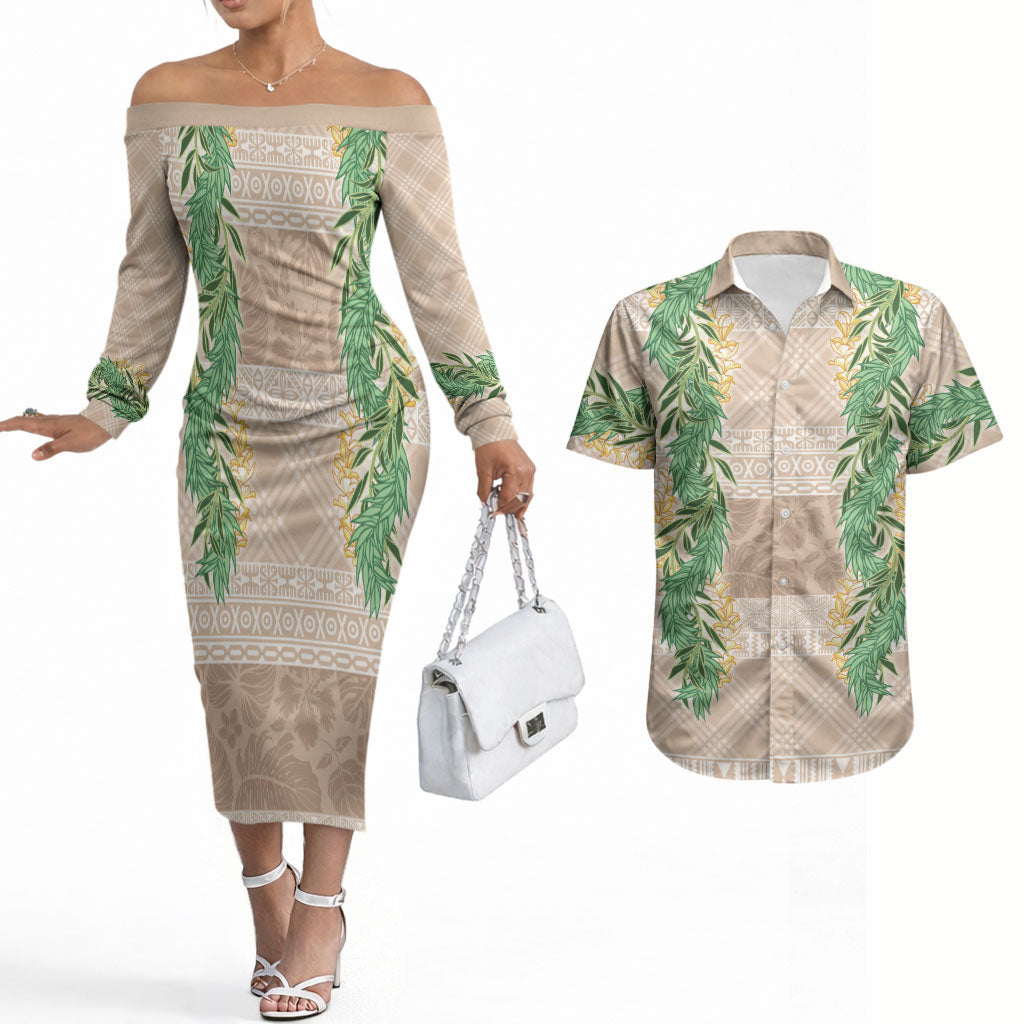 Hawai'i Paniolo Maile Twisted Lei Couples Matching Off The Shoulder Long Sleeve Dress and Hawaiian Shirt Almond Brown