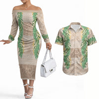 Hawai'i Paniolo Maile Twisted Lei Couples Matching Off The Shoulder Long Sleeve Dress and Hawaiian Shirt Almond Brown