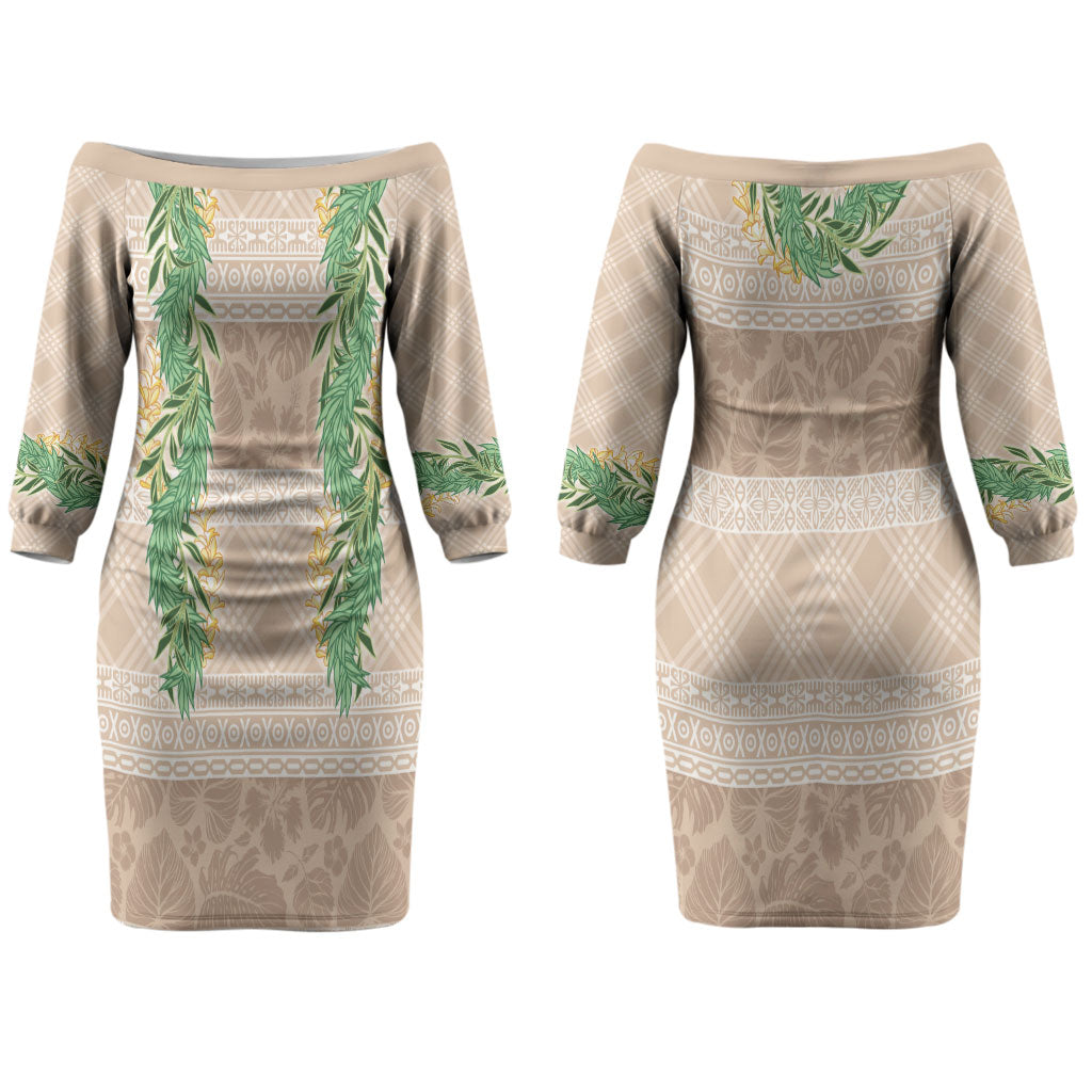 Hawai'i Paniolo Maile Twisted Lei Couples Matching Off The Shoulder Long Sleeve Dress and Hawaiian Shirt Almond Brown