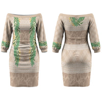 Hawai'i Paniolo Maile Twisted Lei Couples Matching Off The Shoulder Long Sleeve Dress and Hawaiian Shirt Almond Brown