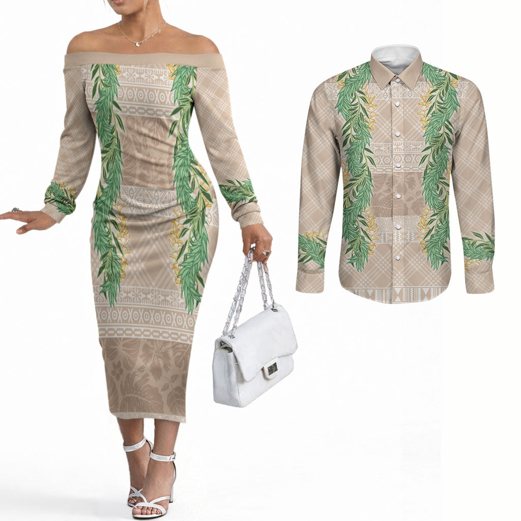 Hawai'i Paniolo Maile Twisted Lei Couples Matching Off The Shoulder Long Sleeve Dress and Long Sleeve Button Shirt Almond Brown
