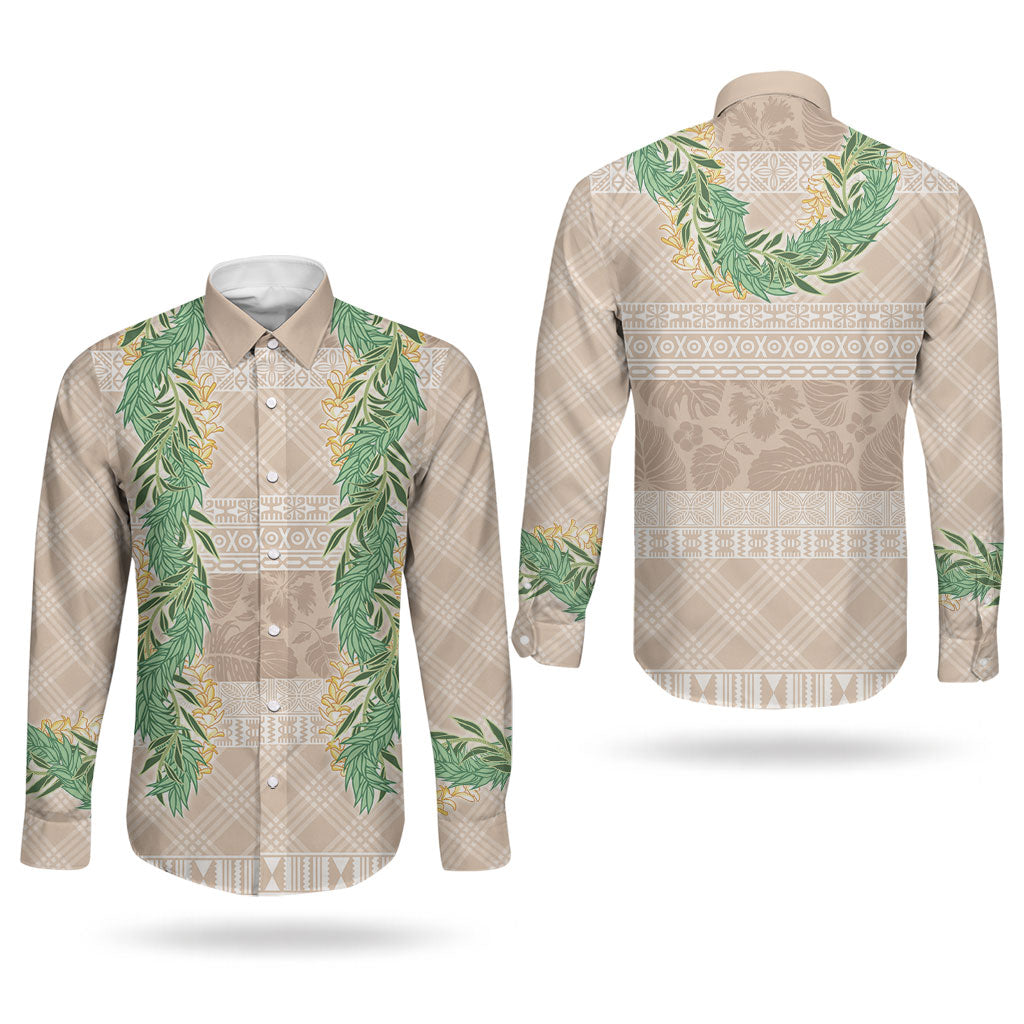 Hawai'i Paniolo Maile Twisted Lei Couples Matching Off The Shoulder Long Sleeve Dress and Long Sleeve Button Shirt Almond Brown