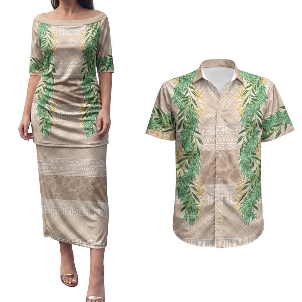 Hawai'i Paniolo Maile Twisted Lei Couples Matching Puletasi and Hawaiian Shirt Almond Brown