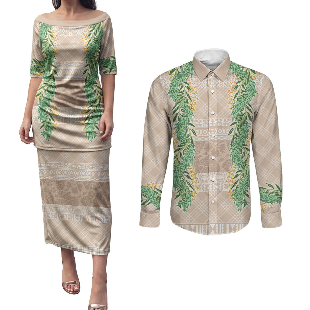 Hawai'i Paniolo Maile Twisted Lei Couples Matching Puletasi and Long Sleeve Button Shirt Almond Brown LT7 Brown - Polynesian Pride