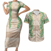 Hawai'i Paniolo Maile Twisted Lei Couples Matching Short Sleeve Bodycon Dress and Hawaiian Shirt Almond Brown