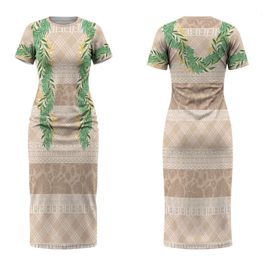 Hawai'i Paniolo Maile Twisted Lei Couples Matching Short Sleeve Bodycon Dress and Hawaiian Shirt Almond Brown