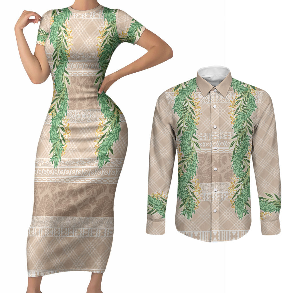 Hawai'i Paniolo Maile Twisted Lei Couples Matching Short Sleeve Bodycon Dress and Long Sleeve Button Shirt Almond Brown