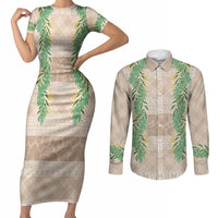 Hawai'i Paniolo Maile Twisted Lei Couples Matching Short Sleeve Bodycon Dress and Long Sleeve Button Shirt Almond Brown