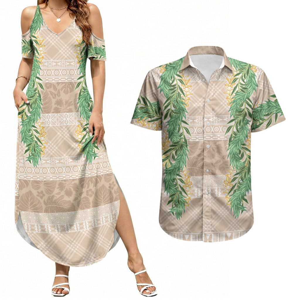 Hawai'i Paniolo Maile Twisted Lei Couples Matching Summer Maxi Dress and Hawaiian Shirt Almond Brown