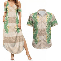 Hawai'i Paniolo Maile Twisted Lei Couples Matching Summer Maxi Dress and Hawaiian Shirt Almond Brown