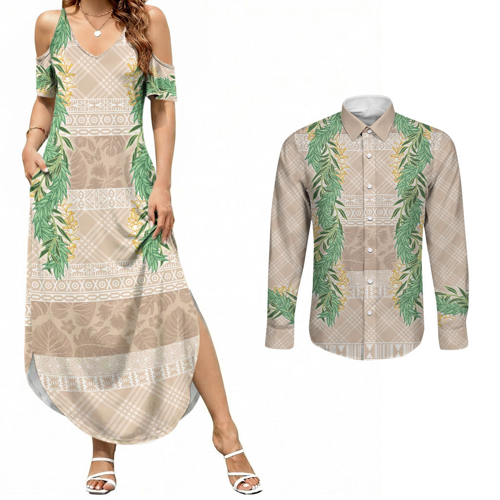 Hawai'i Paniolo Maile Twisted Lei Couples Matching Summer Maxi Dress and Long Sleeve Button Shirt Almond Brown