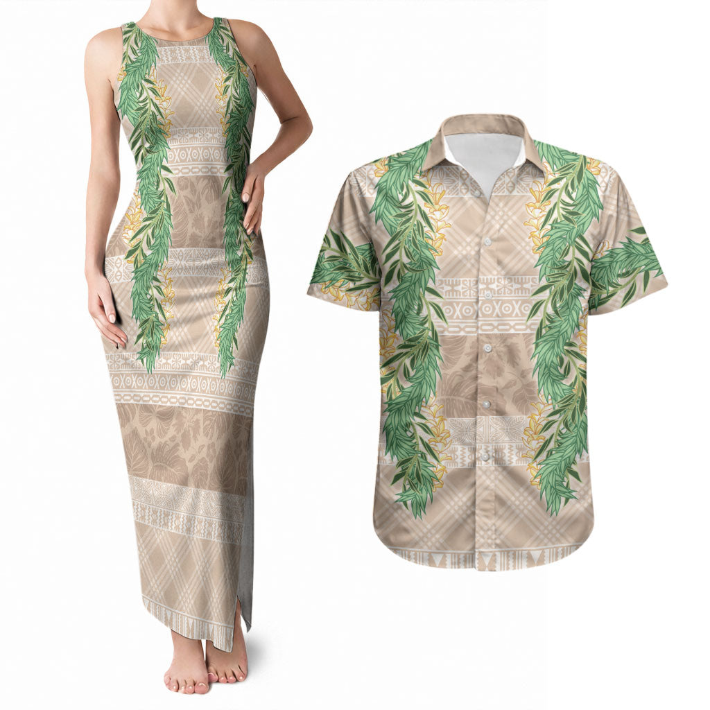 Hawai'i Paniolo Maile Twisted Lei Couples Matching Tank Maxi Dress and Hawaiian Shirt Almond Brown