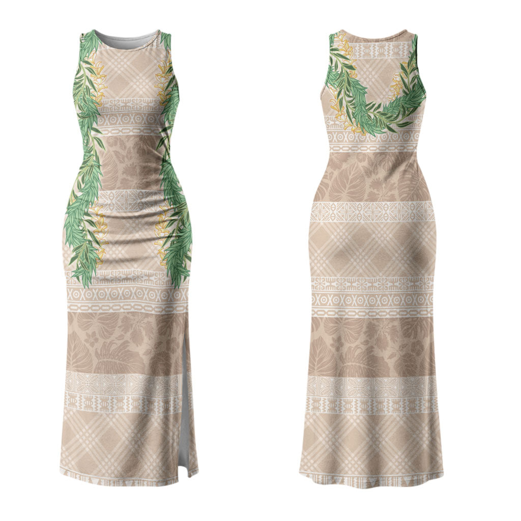 Hawai'i Paniolo Maile Twisted Lei Couples Matching Tank Maxi Dress and Hawaiian Shirt Almond Brown