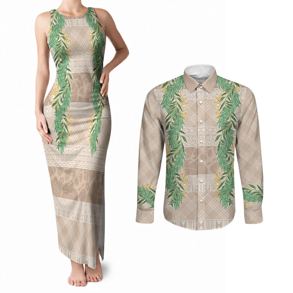 Hawai'i Paniolo Maile Twisted Lei Couples Matching Tank Maxi Dress and Long Sleeve Button Shirt Almond Brown